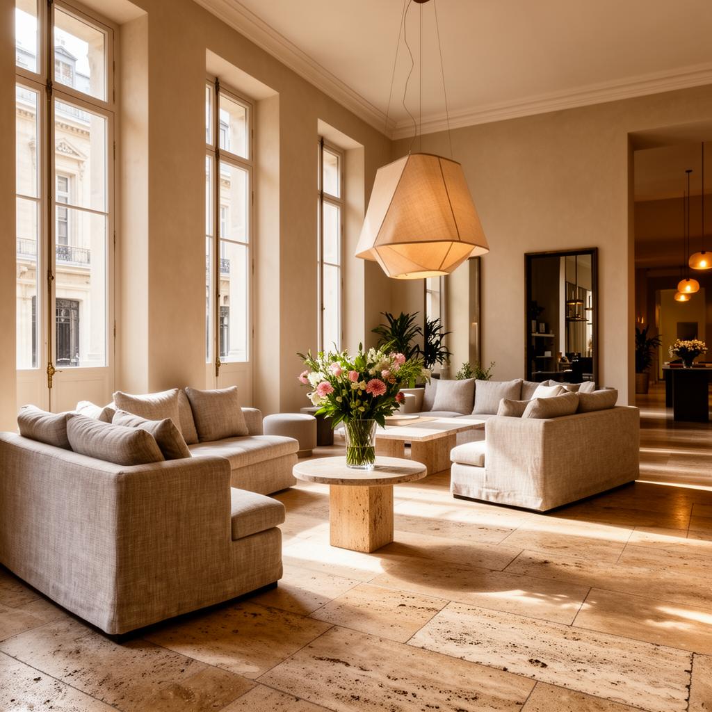 Independent boutique hotel lobby with linen sofas and travertine floors